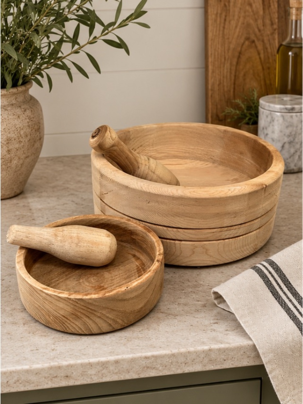 Set of 2 Natural Wood Mortar and Pestle Sets Light Wood Natural Grain Primitive